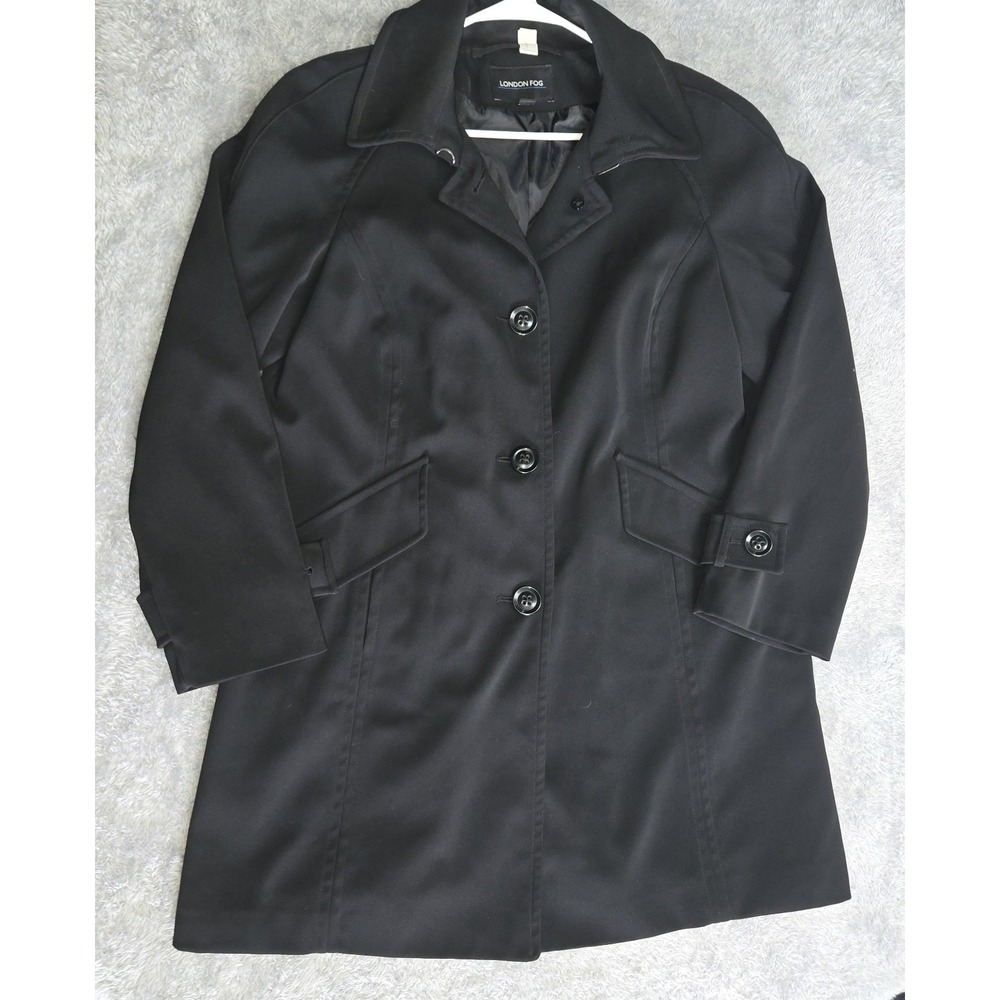 London Fog Womens Black Trench Coat Button Front Mid Length Jacket XL RN121545